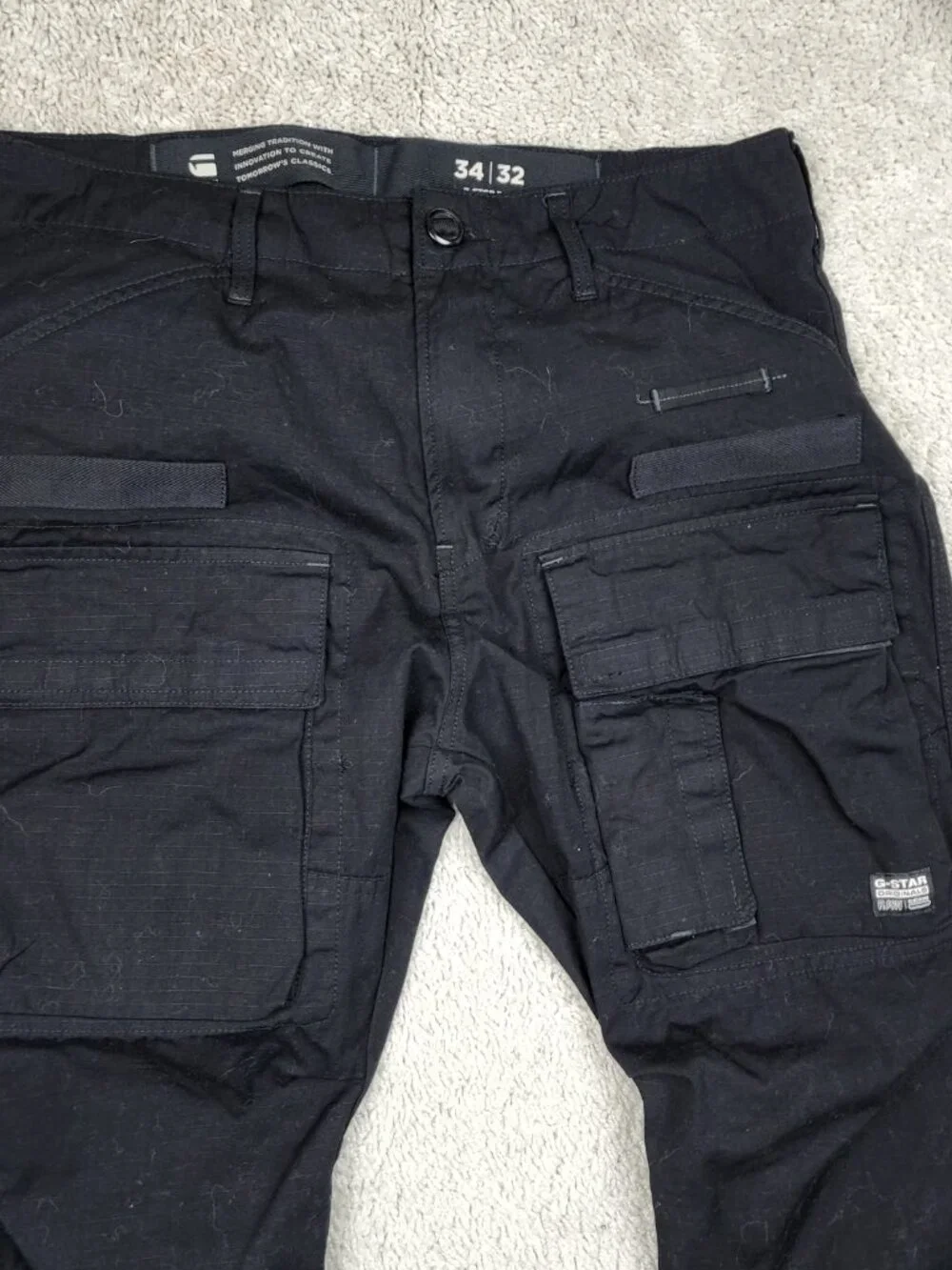 G-Star Raw Zip 3D Straight Tapered Black Cargo Pants Size 34x32 Jogger USA CLean